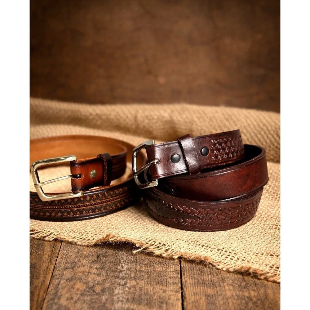 Men's Artisan Leather Western Belts Tooled Braided 40